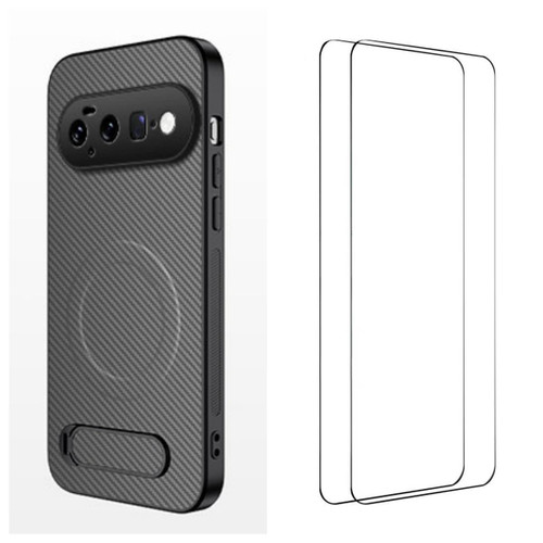 Google Pixel 11 WANLONFENG Kickstand Carbon Fiber Texture Magnetic Phone Case with 2pcs Screen Films - Grey