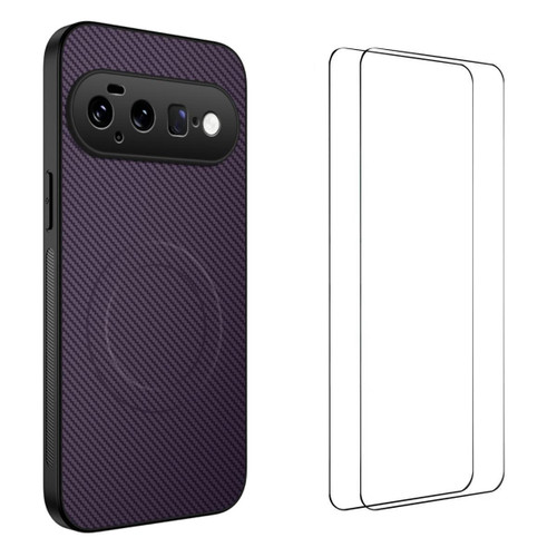 Google Pixel 11 WANLONFENG TQ1 Series Magnetic Carbon Fiber Texture Phone Case with 2pcs Screen Films - Purple