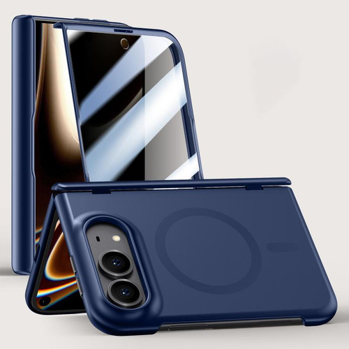 iPhone Duo Crazy Series Integrated Privacy Film Skin Feel Center Axis Magnetic Phone Case - Navy Blue