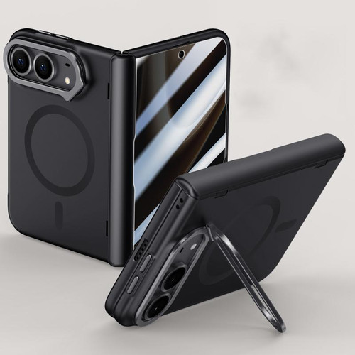 iPhone Duo Crazy Series Integrated Privacy Film Skin Feel Center Axis Magnetic Phone Case with Lens Holder - Black