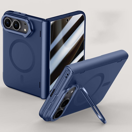 iPhone Duo Crazy Series Integrated Privacy Film Skin Feel Center Axis Magnetic Phone Case with Lens Holder - Navy Blue