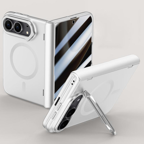 iPhone Duo Crazy Series Integrated Privacy Film Skin Feel Center Axis Magnetic Phone Case with Lens Holder - Silver