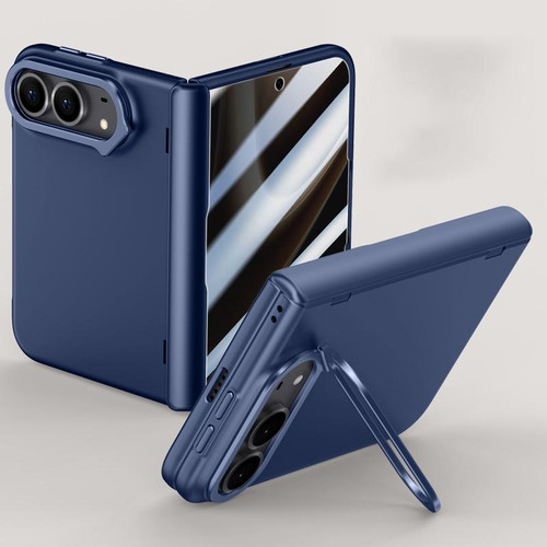 iPhone Duo Crazy Series Integrated Privacy Film Skin Feel Center Axis Phone Case with Lens Holder - Navy Blue