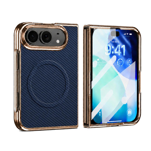 iPhone Duo Electroplated Carbon Fiber Texture Magnetic Integrated Film Phone Case - Dark Blue