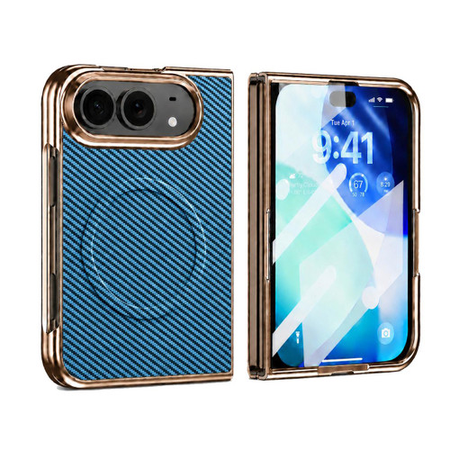 iPhone Duo Electroplated Carbon Fiber Texture Magnetic Integrated Film Phone Case - Light Blue