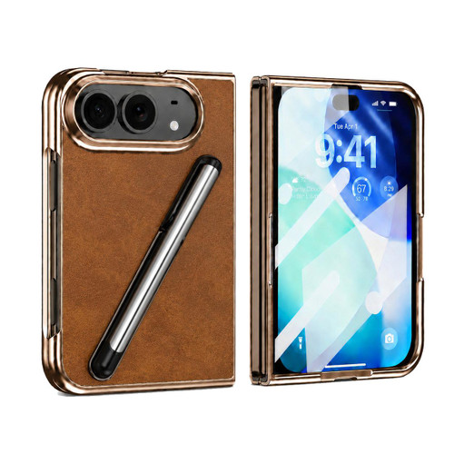 iPhone Duo Electroplated Stylus Pen Holder Integrated Film Phone Case - Brown