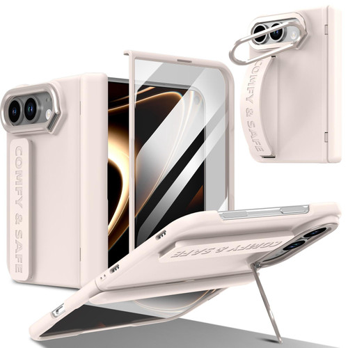 iPhone Duo Film Integrated Lens Frame Bracket Phone Case with Wristband - Apricot