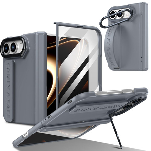iPhone Duo Film Integrated Lens Frame Bracket Phone Case with Wristband - Grey