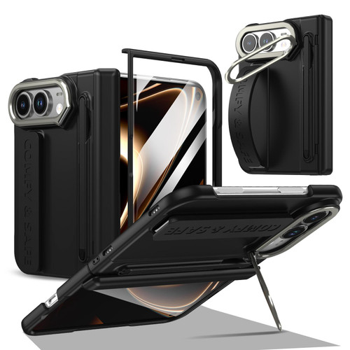 iPhone Duo Film Integrated Lens Frame Bracket Phone Case with Wristband / Pen - Black