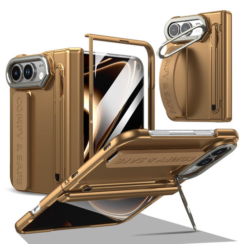 iPhone Duo Film Integrated Lens Frame Bracket Phone Case with Wristband / Pen - Gold
