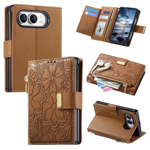iPhone Duo Flowers Leaves Zipper Wallet Leather Phone Case with Strap - Brown