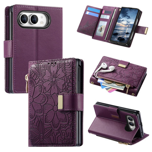 iPhone Duo Flowers Leaves Zipper Wallet Leather Phone Case with Strap - Purple