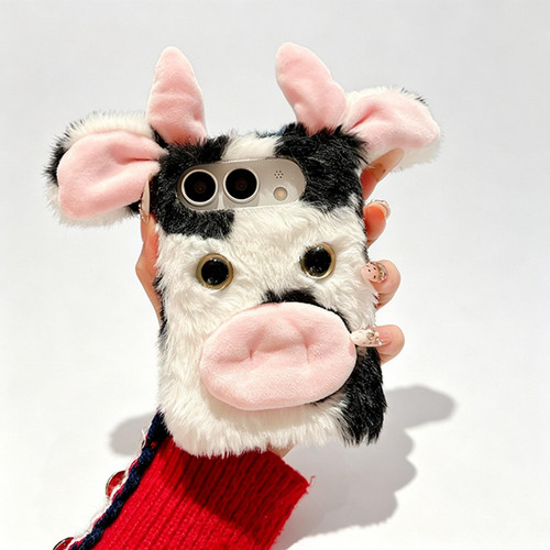 iPhone Duo Foldable Plush Dairy Cow TPU Phone Case - Black Cow