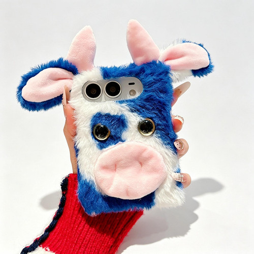 iPhone Duo Foldable Plush Dairy Cow TPU Phone Case - Blue Cow