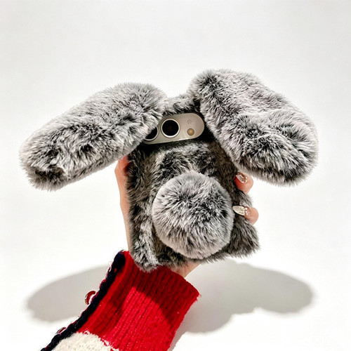 iPhone Duo Foldable Plush Rabbit TPU Phone Case - Dark Grey
