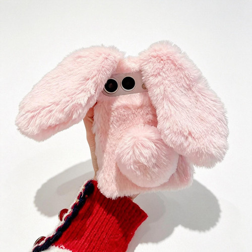 iPhone Duo Foldable Plush Rabbit TPU Phone Case - Pink