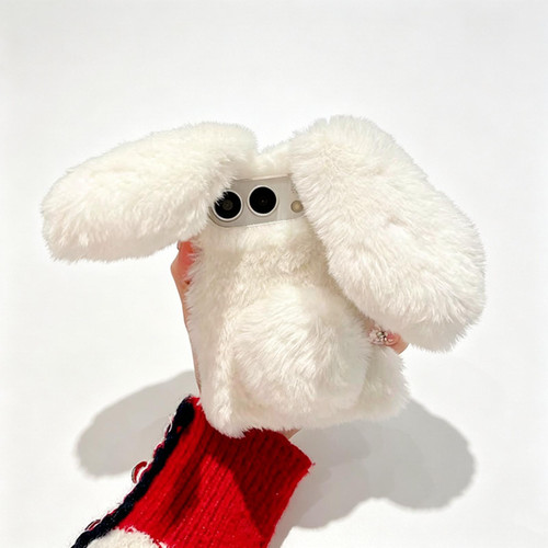 iPhone Duo Foldable Plush Rabbit TPU Phone Case - White