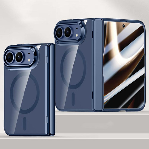 iPhone Duo Icebreaking Series Integrated HD Film Electroplated Crystal Clear Center Axis Magnetic Phone Case - Navy Blue