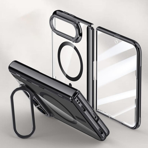 iPhone Duo Icebreaking Series Integrated HD Film Electroplated Crystal Clear Center Axis Magnetic Phone Case with Lens Holder - Black