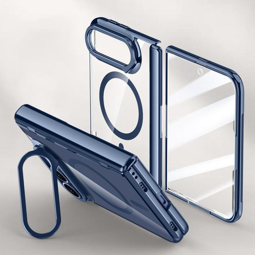 iPhone Duo Icebreaking Series Integrated HD Film Electroplated Crystal Clear Center Axis Magnetic Phone Case with Lens Holder - Navy Blue