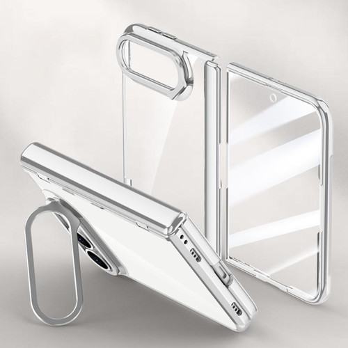 iPhone Duo Icebreaking Series Integrated HD Film Electroplated Crystal Clear Center Axis Phone Case with Lens Holder - Silver