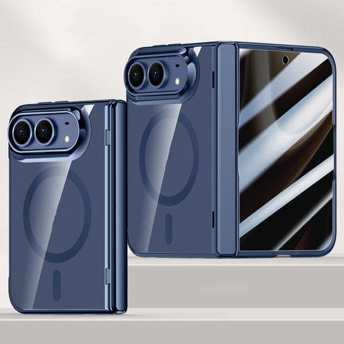 iPhone Duo Icebreaking Series Integrated Privacy Film Electroplated Crystal Clear Center Axis Magnetic Phone Case - Navy Blue