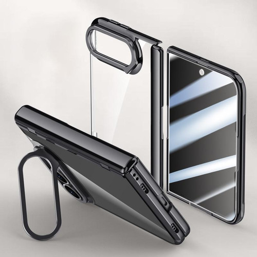 iPhone Duo Icebreaking Series Integrated Privacy Film Electroplated Crystal Clear Center Axis Phone Case with Lens Holder - Black