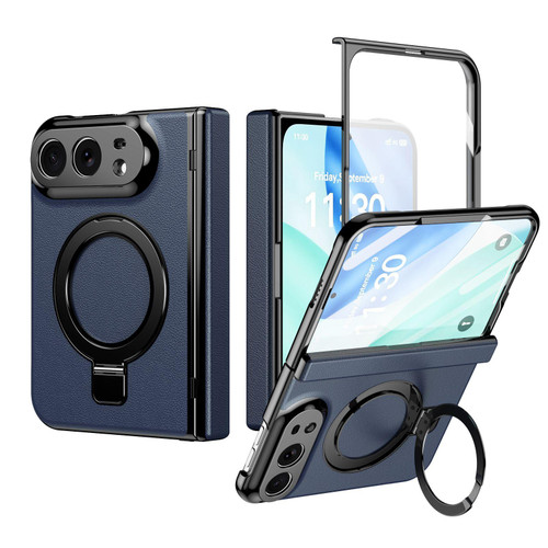 iPhone Duo Integrated Metal Folding Holder Hinge Magnetic Leather Phone Case - Blue