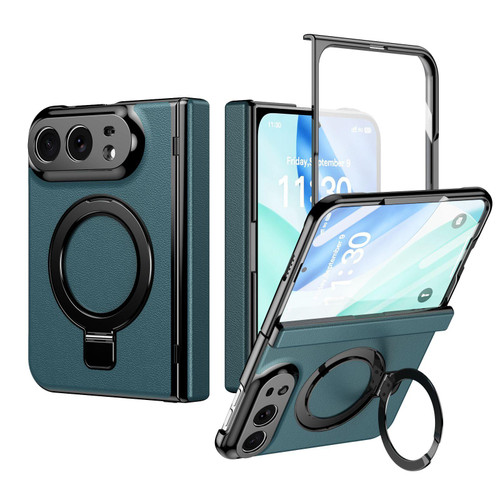 iPhone Duo Integrated Metal Folding Holder Hinge Magnetic Leather Phone Case - Green