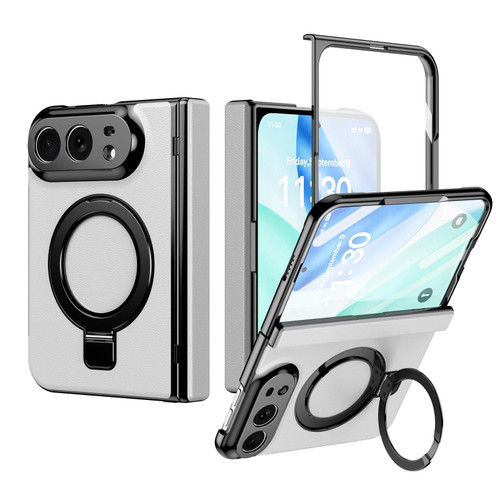 iPhone Duo Integrated Metal Folding Holder Hinge Magnetic Leather Phone Case - White