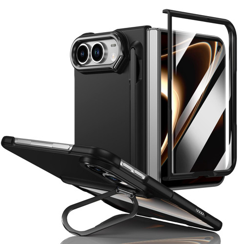 iPhone Duo Integrated Skin Feel Lens Folding Holder Pen Slot Shockproof Phone Case with Pen - Black