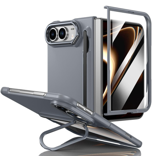 iPhone Duo Integrated Skin Feel Lens Folding Holder Pen Slot Shockproof Phone Case with Pen - Grey