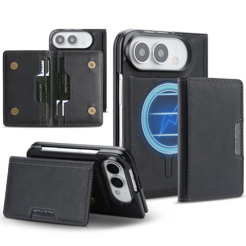 iPhone Duo Kalebol Strong MagSafe Magnetic Two-Fold Card Bag Leather Phone Case - Black