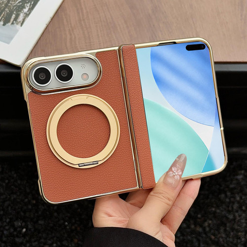 iPhone Duo Litchi Texture Electroplated Rotating Bracket Magnetic Phone Case - Brown