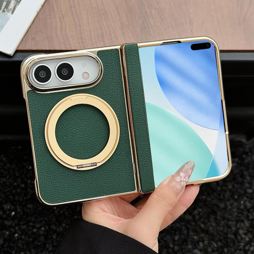 iPhone Duo Litchi Texture Electroplated Rotating Bracket Magnetic Phone Case - Dark Green