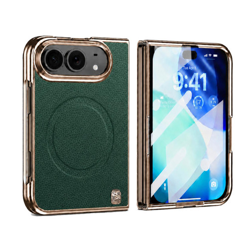 iPhone Duo Litchi-Grain Magnetic Integrated Screen Protector Phone Case - Green