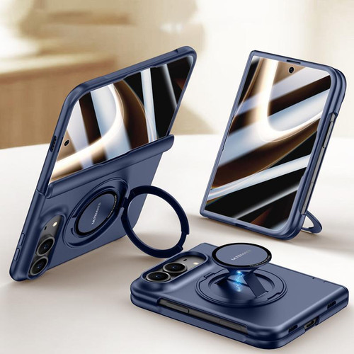 iPhone Duo Premium Series Integrated HD Film Center Axis Full Coverage Magnetic Phone Case with Wrist Strap & Ring Holder - Navy Blue