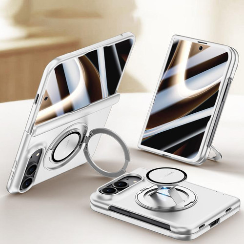 iPhone Duo Premium Series Integrated HD Film Center Axis Full Coverage Magnetic Phone Case with Wrist Strap & Ring Holder - Silver
