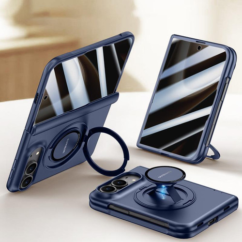 iPhone Duo Premium Series Integrated Privacy Film Center Axis Full Coverage Magnetic Phone Case with Wrist Strap & Ring Holder - Navy Blue