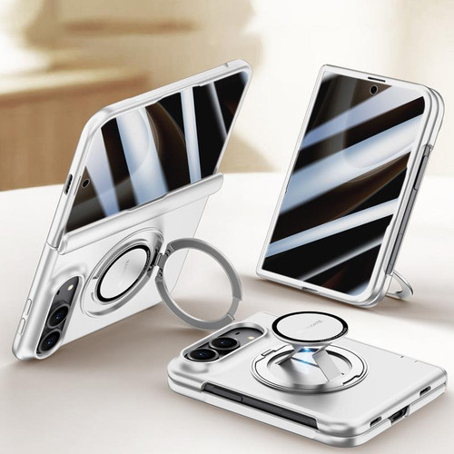 iPhone Duo Premium Series Integrated Privacy Film Center Axis Full Coverage Magnetic Phone Case with Wrist Strap & Ring Holder - Silver