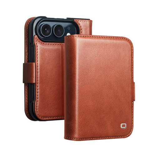 iPhone Duo QIALINO Vintage Calfskin Genuine Leather Phone Case - Light Brown