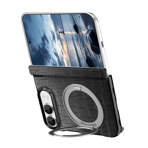 iPhone Duo Retro Crocodile PU Dual-Hinge Magnetic Holder Phone Case - Black