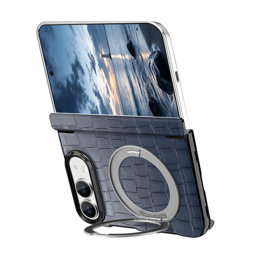 iPhone Duo Retro Crocodile PU Dual-Hinge Magnetic Holder Phone Case - Blue