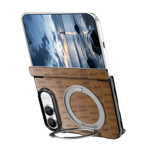 iPhone Duo Retro Crocodile PU Dual-Hinge Magnetic Holder Phone Case - Brown