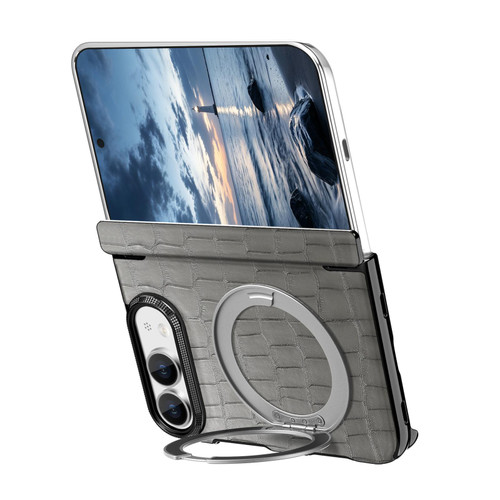 iPhone Duo Retro Crocodile PU Dual-Hinge Magnetic Holder Phone Case - Gray