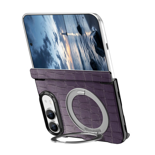 iPhone Duo Retro Crocodile PU Dual-Hinge Magnetic Holder Phone Case - Purple