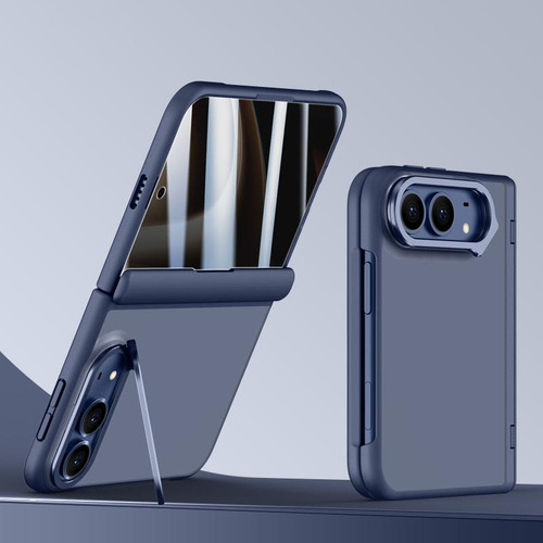 iPhone Duo Shield Armor Series Integrated Privacy Film Matte Frosted Full Coverage Phone Case with Lens Holder - Navy Blue