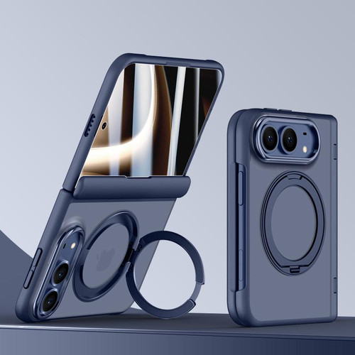 iPhone Duo Shield Series Integrated HD Film Matte Frosted Magnetic Phone Case with 360-Degree Rotating Stand - Navy Blue
