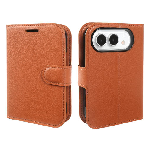 iPhone Fold Litchi Texture Horizontal Flip Leather Phone Case with Holder - Brown