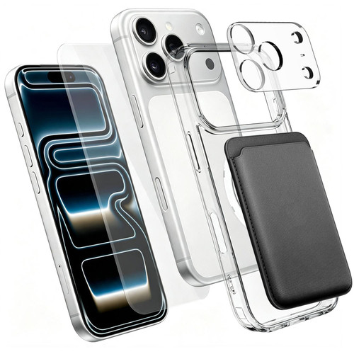 4 in 1 Set Clear Magnetic Phone Case with Screen Film + Lens Protector + Card Bag iPhone 18 Pro Max - Transparent